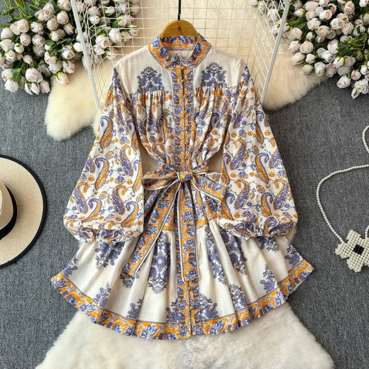 Light Luxury Temperament Long Sleeved Standing Collar Waist Slimming A - line Celadon Print Dress Elegant Dress Short Skirt - PratSN