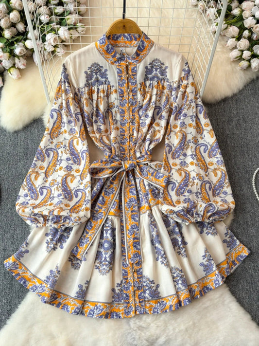 Light Luxury Temperament Long Sleeved Standing Collar Waist Slimming A - line Celadon Print Dress Elegant Dress Short Skirt - PratSN
