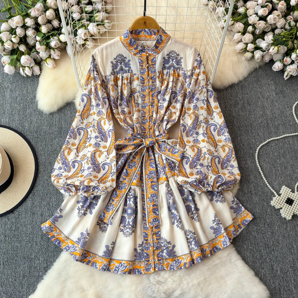 Light Luxury Temperament Long Sleeved Standing Collar Waist Slimming A-line Celadon Print Dress Elegant Dress Short Skirt