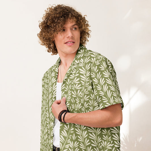 Light Olive Green Floral Beach Shirt - Unisex Short Sleeve Button Down - PratSN