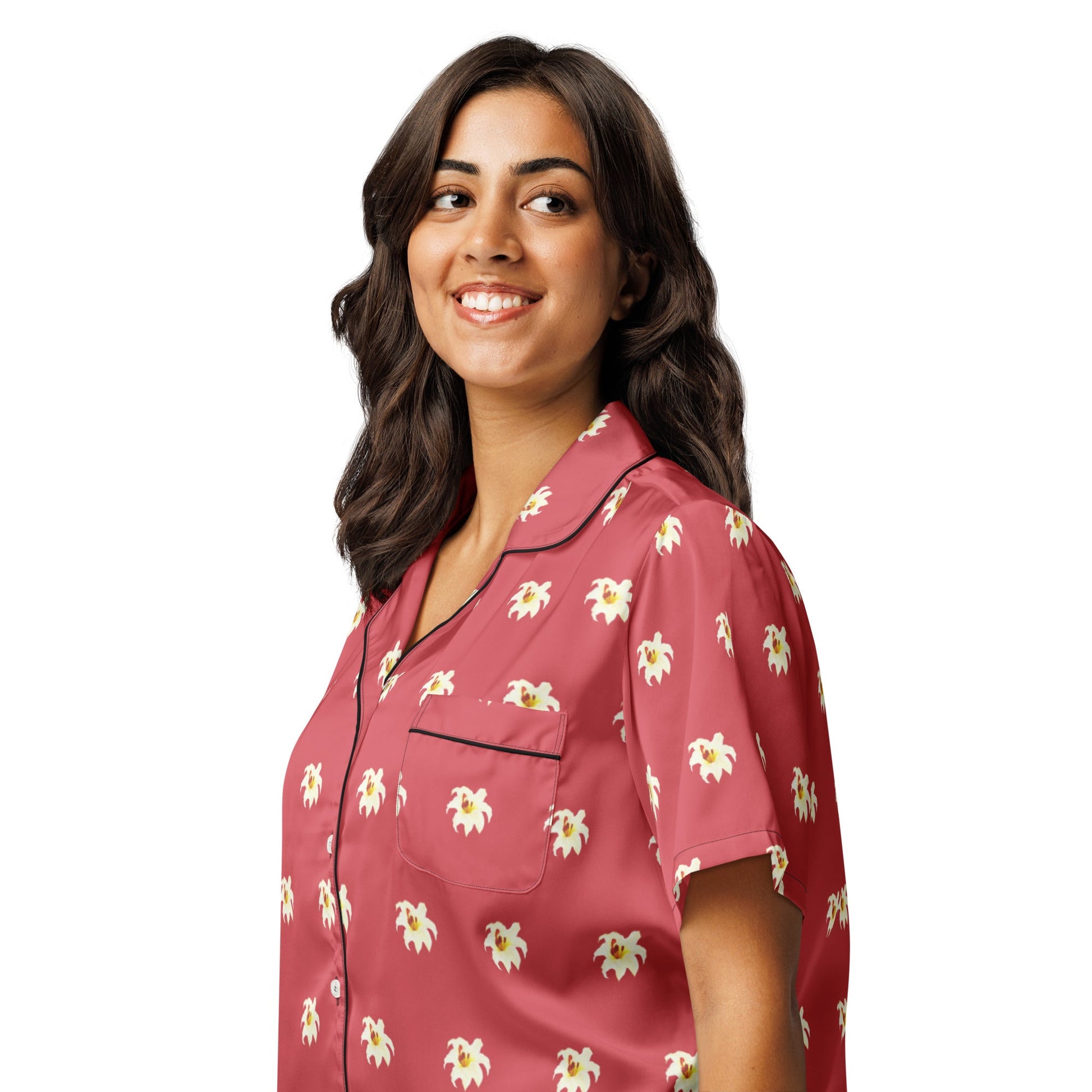 Lily flowers on mandy filling - all - over print women’s short sleeve pajama top - PratSN