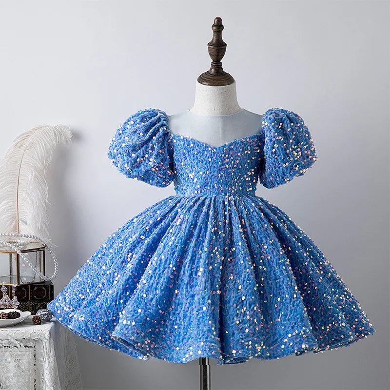 Little Girls First Birthday Ball Gown White Baptism Toddler Girls Sparkle Sequin Puffy Dress Elegant Evening Pageant Dresses - PratSN