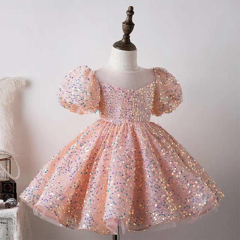 Little Girls First Birthday Ball Gown White Baptism Toddler Girls Sparkle Sequin Puffy Dress Elegant Evening Pageant Dresses - PratSN