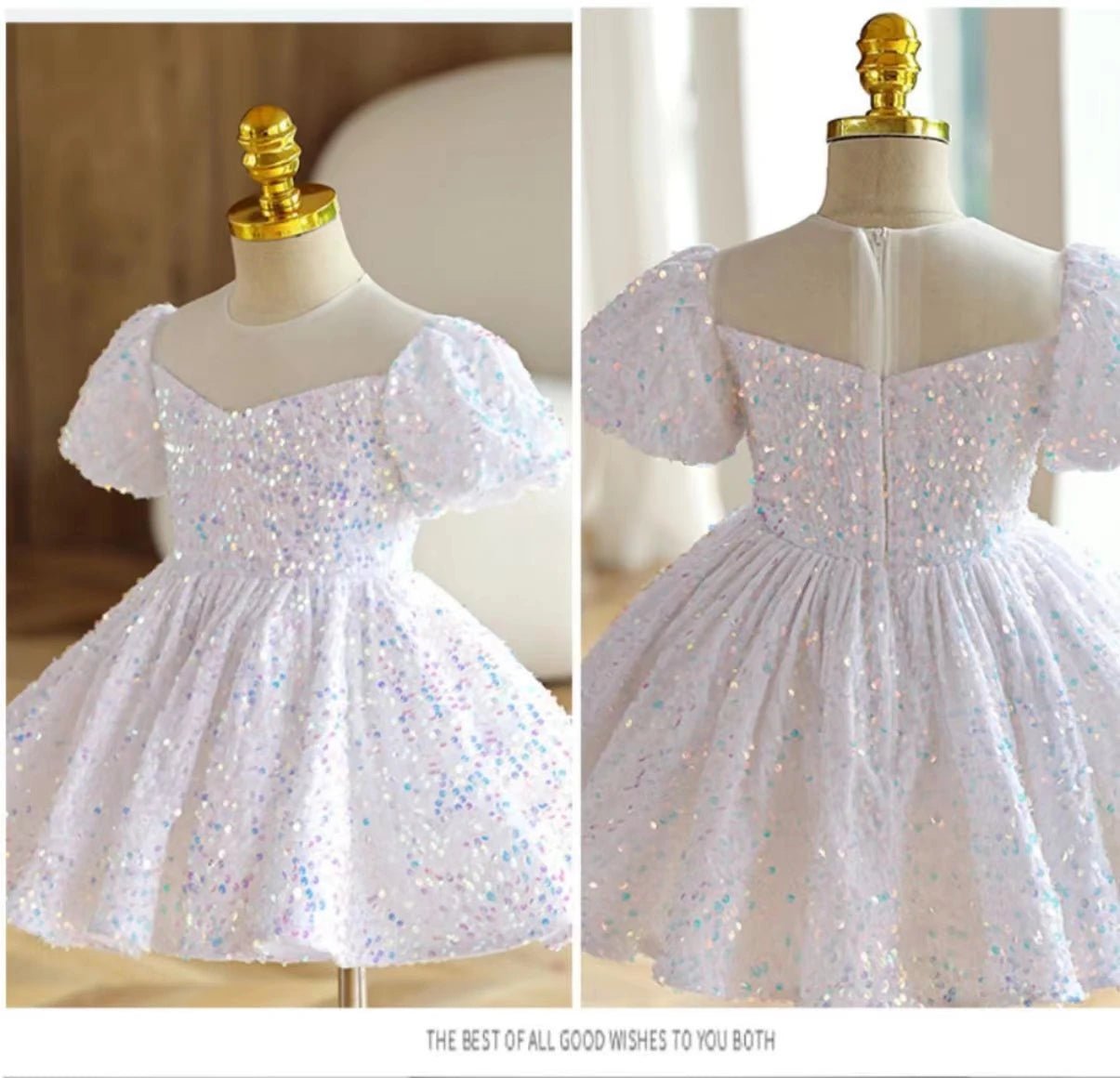 Little Girls First Birthday Ball Gown White Baptism Toddler Girls Sparkle Sequin Puffy Dress Elegant Evening Pageant Dresses - PratSN