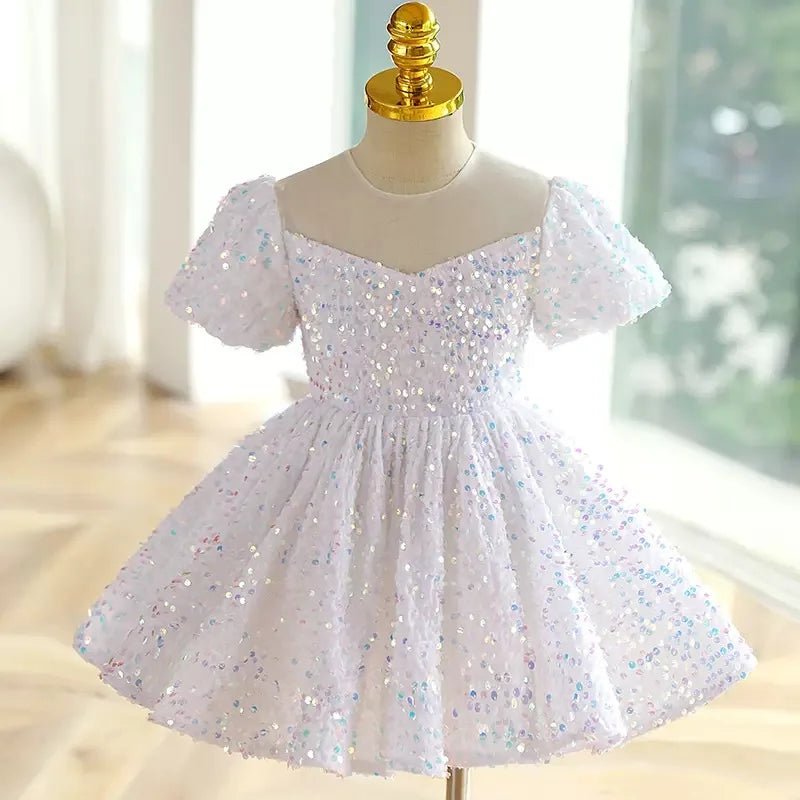 Little Girls First Birthday Ball Gown White Baptism Toddler Girls Sparkle Sequin Puffy Dress Elegant Evening Pageant Dresses - PratSN