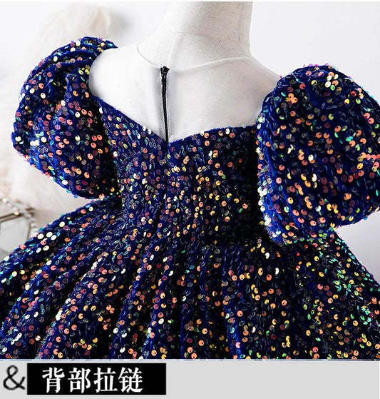 Little Girls First Birthday Ball Gown White Baptism Toddler Girls Sparkle Sequin Puffy Dress Elegant Evening Pageant Dresses - PratSN