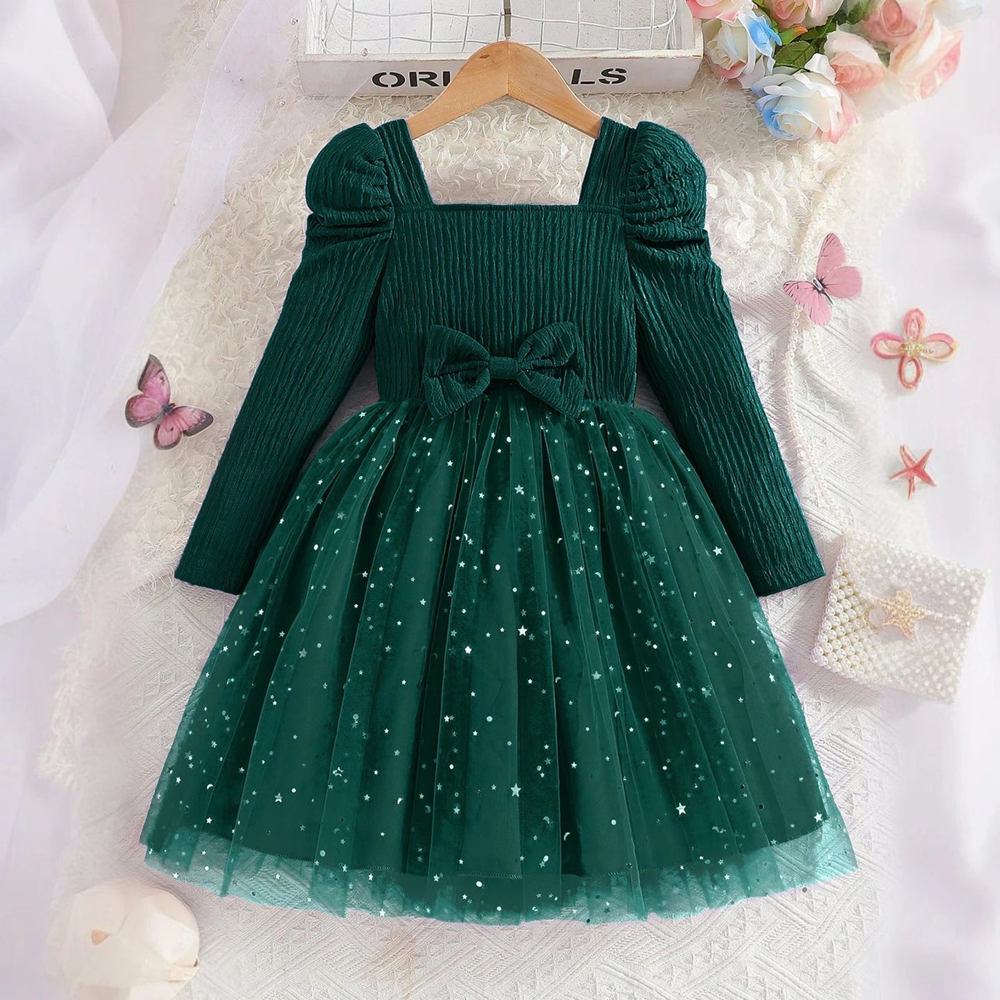 Little Girls Party Dress Autumn Winter Clothes 3 - 8 Years Children Christmas New Year Princess Dress Red Sequins Stars Mesh Dress - PratSN