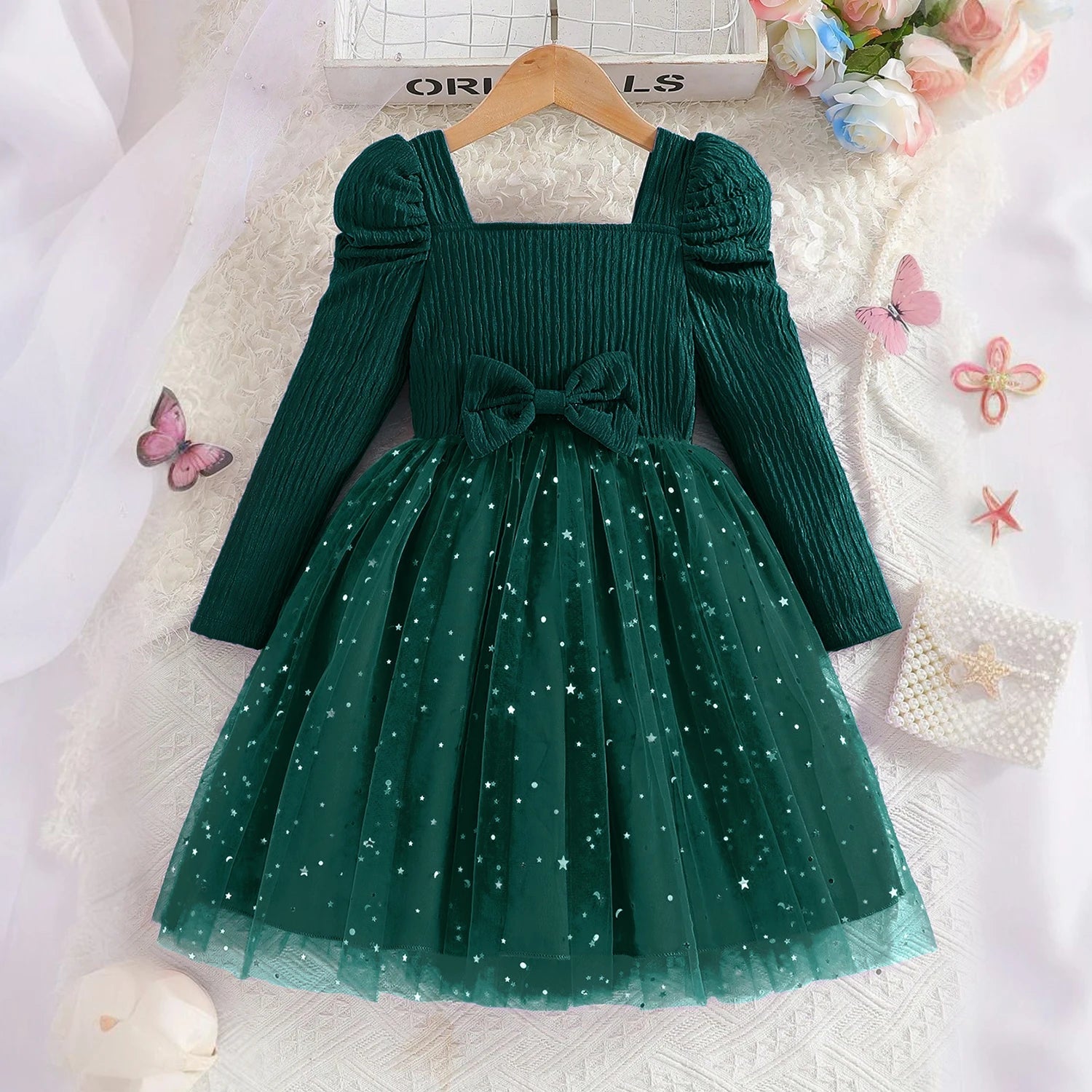 Little Girls Party Dress Autumn Winter Clothes 3 - 8 Years Children Christmas New Year Princess Dress Red Sequins Stars Mesh Dress - PratSN