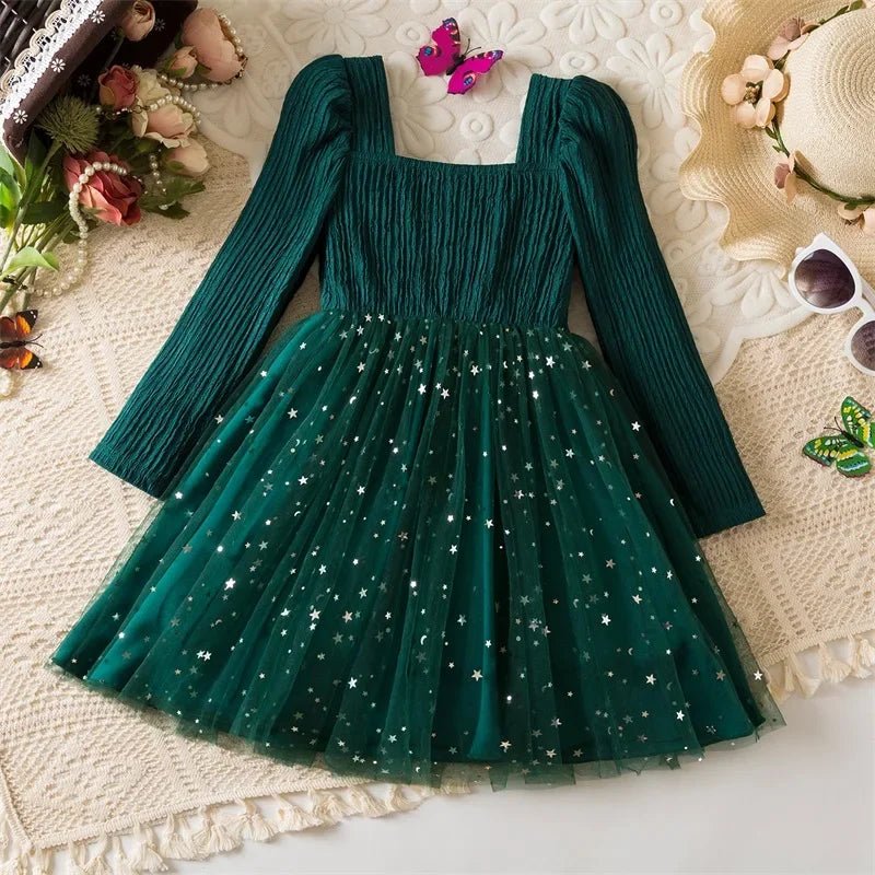 Little Girls Party Dress Autumn Winter Clothes 3 - 8 Years Children Christmas New Year Princess Dress Red Sequins Stars Mesh Dress - PratSN