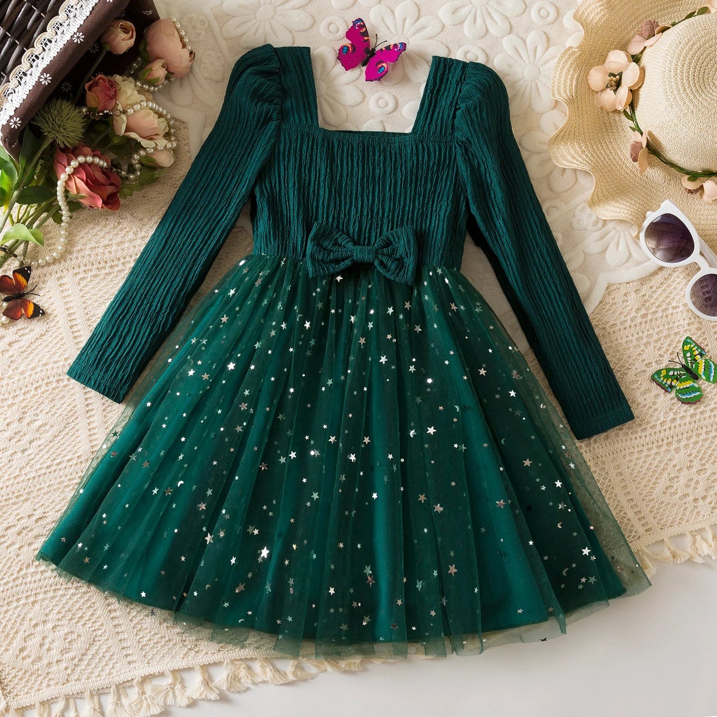 Little Girls Party Dress Autumn Winter Clothes 3 - 8 Years Children Christmas New Year Princess Dress Red Sequins Stars Mesh Dress - PratSN