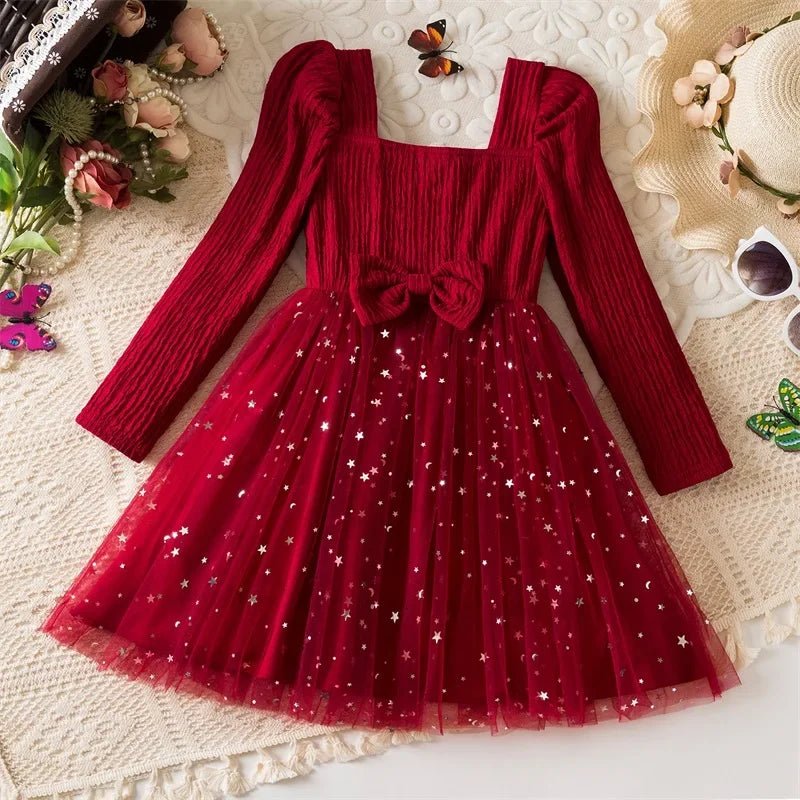 Little Girls Party Dress Autumn Winter Clothes 3 - 8 Years Children Christmas New Year Princess Dress Red Sequins Stars Mesh Dress - PratSN