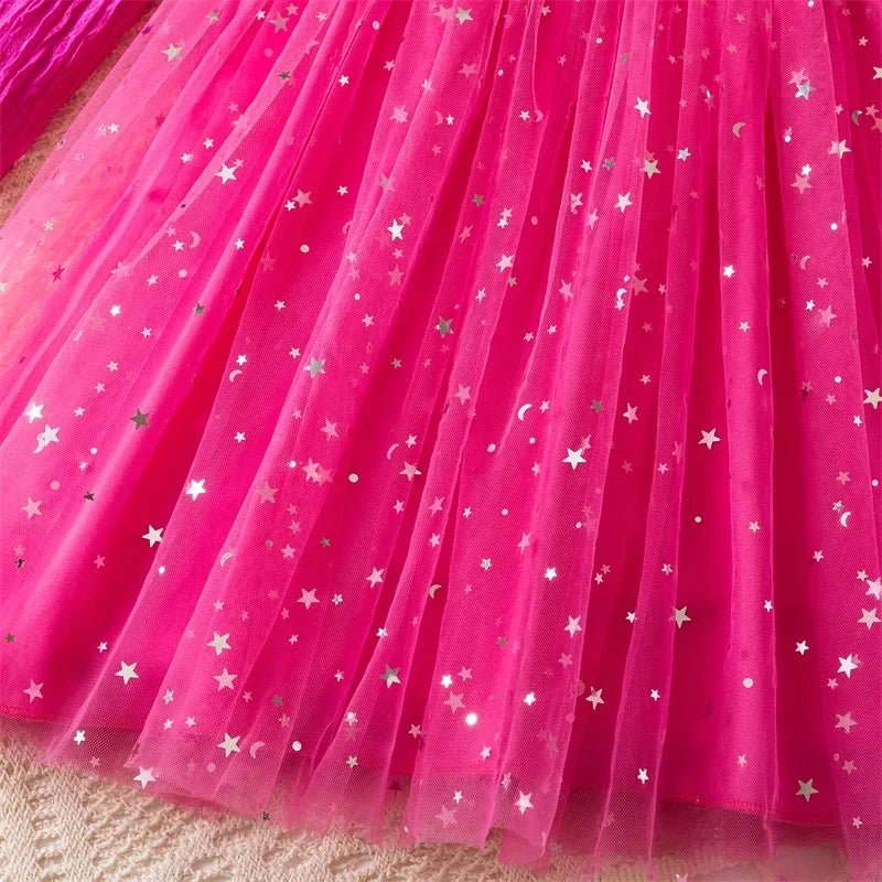 Little Girls Party Dress Autumn Winter Clothes 3 - 8 Years Children Christmas New Year Princess Dress Red Sequins Stars Mesh Dress - PratSN