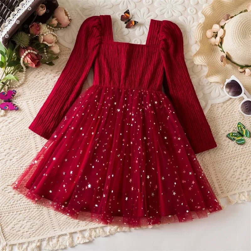 Little Girls Party Dress Autumn Winter Clothes 3 - 8 Years Children Christmas New Year Princess Dress Red Sequins Stars Mesh Dress - PratSN