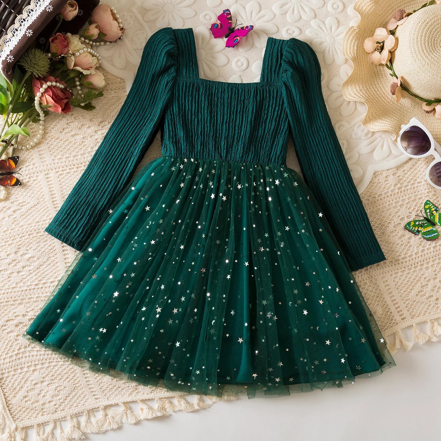 Little Girls Party Dress Autumn Winter Clothes 3 - 8 Years Children Christmas New Year Princess Dress Red Sequins Stars Mesh Dress - PratSN