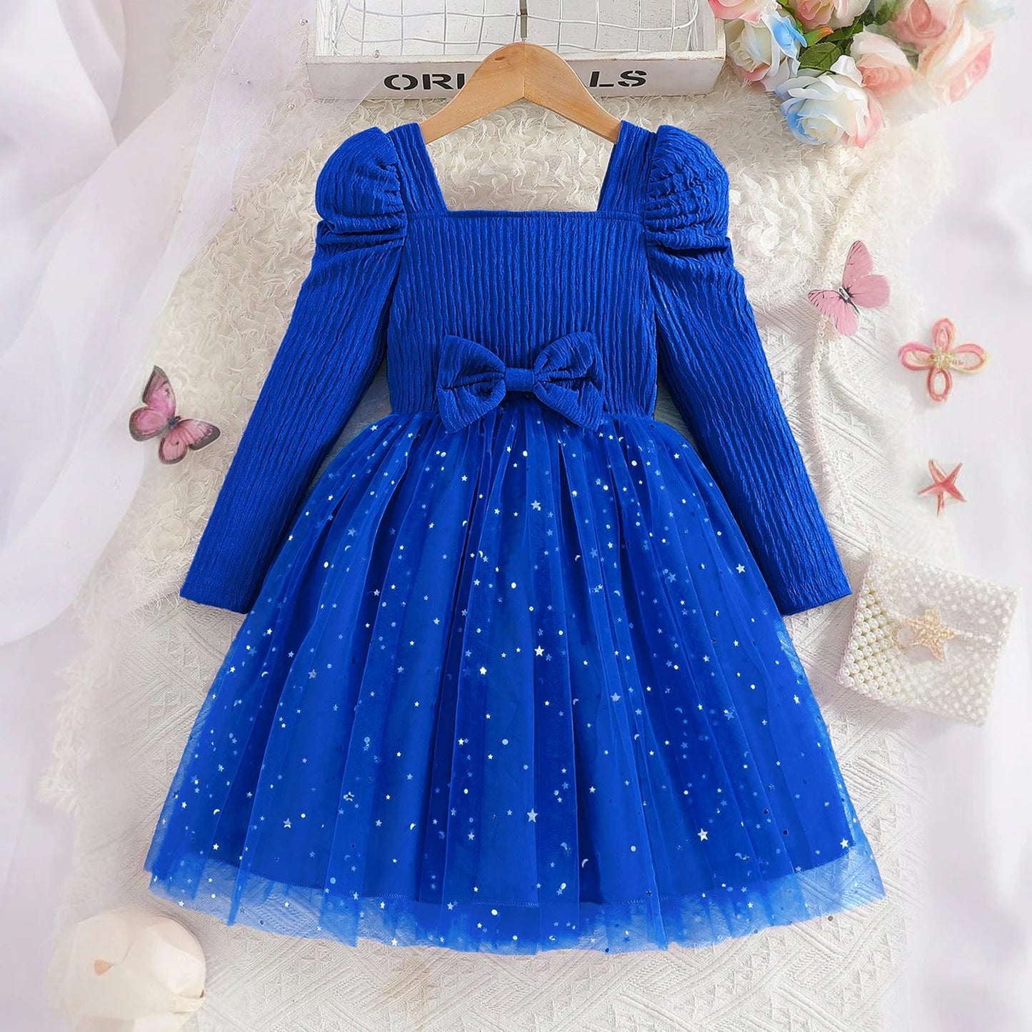 Little Girls Party Dress Autumn Winter Clothes 3 - 8 Years Children Christmas New Year Princess Dress Red Sequins Stars Mesh Dress - PratSN