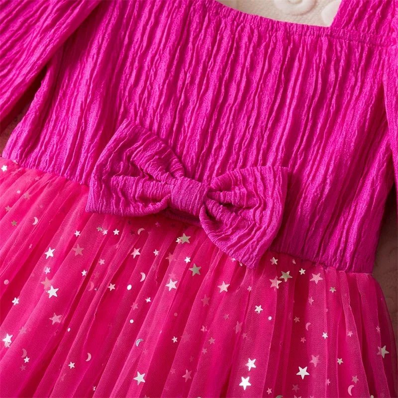 Little Girls Party Dress Autumn Winter Clothes 3 - 8 Years Children Christmas New Year Princess Dress Red Sequins Stars Mesh Dress - PratSN