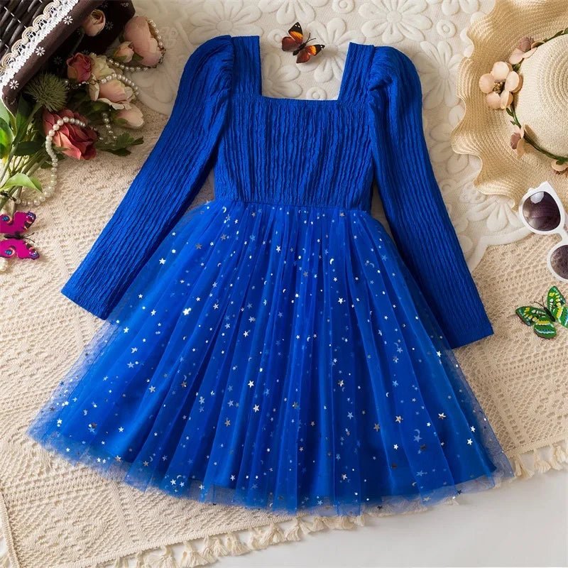 Little Girls Party Dress Autumn Winter Clothes 3 - 8 Years Children Christmas New Year Princess Dress Red Sequins Stars Mesh Dress - PratSN