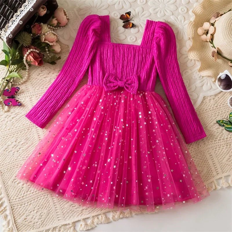 Little Girls Party Dress Autumn Winter Clothes 3 - 8 Years Children Christmas New Year Princess Dress Red Sequins Stars Mesh Dress - PratSN