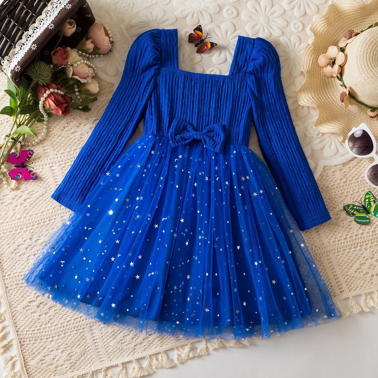 Little Girls Party Dress Autumn Winter Clothes 3 - 8 Years Children Christmas New Year Princess Dress Red Sequins Stars Mesh Dress - PratSN