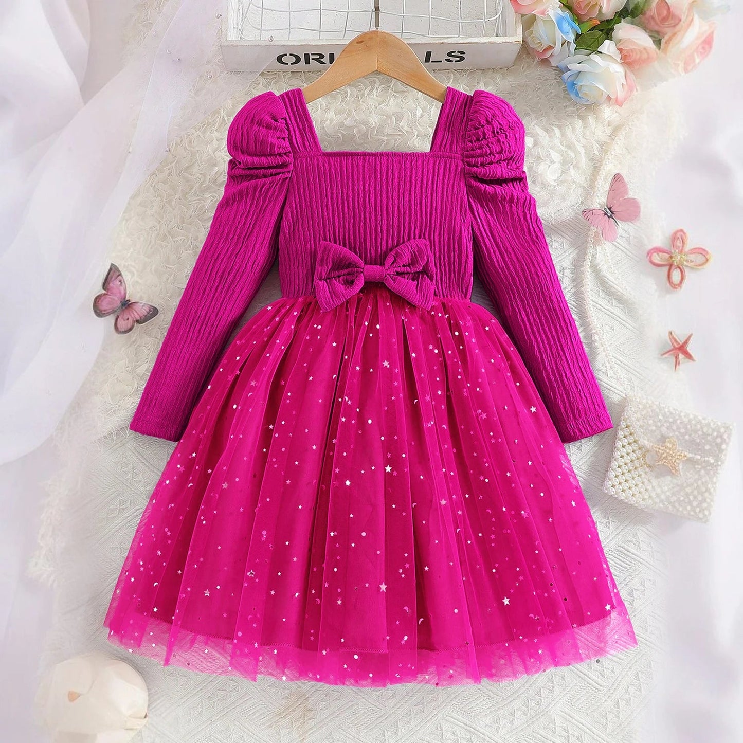 Little Girls Party Dress Autumn Winter Clothes 3 - 8 Years Children Christmas New Year Princess Dress Red Sequins Stars Mesh Dress - PratSN