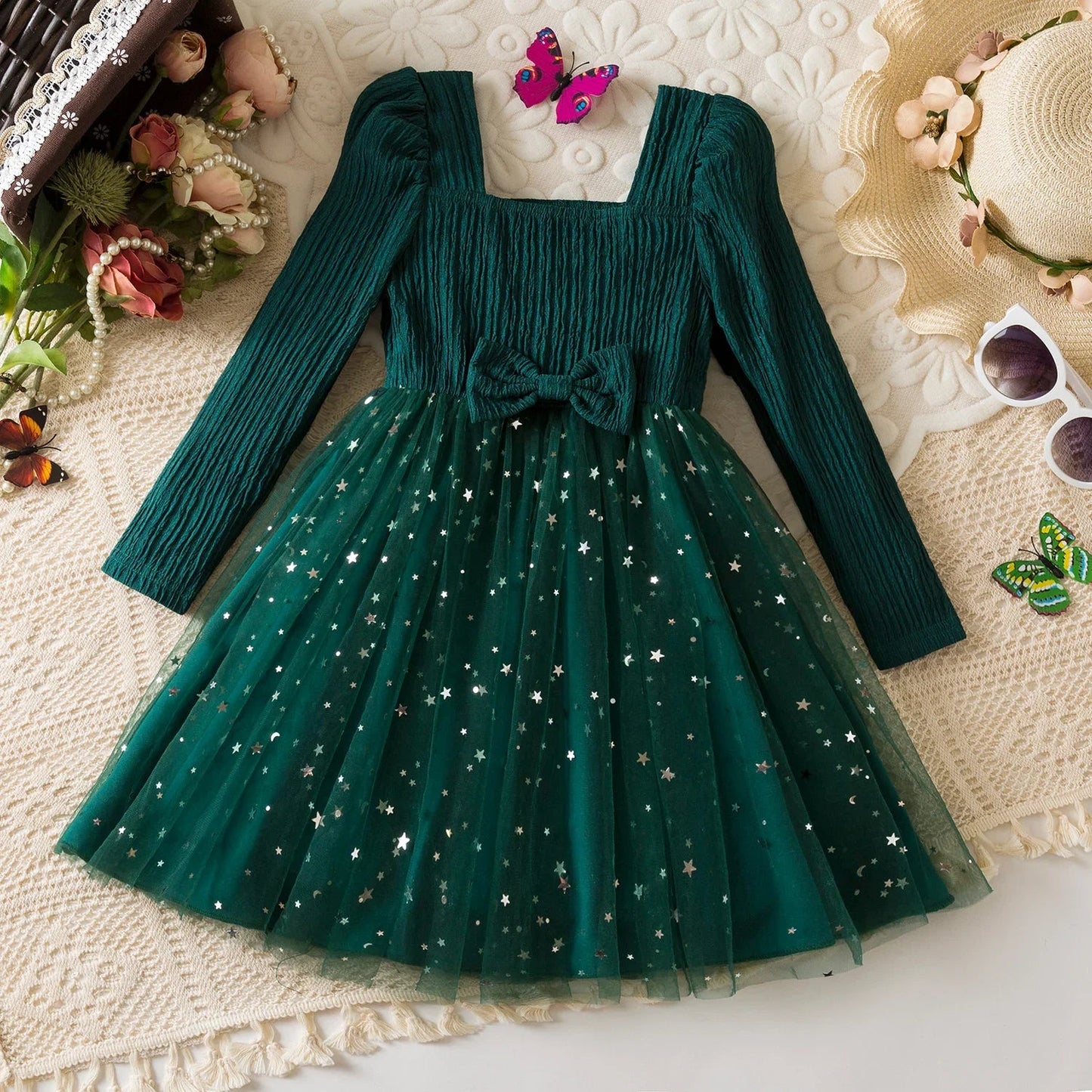 Little Girls Party Dress Autumn Winter Clothes 3 - 8 Years Children Christmas New Year Princess Dress Red Sequins Stars Mesh Dress - PratSN
