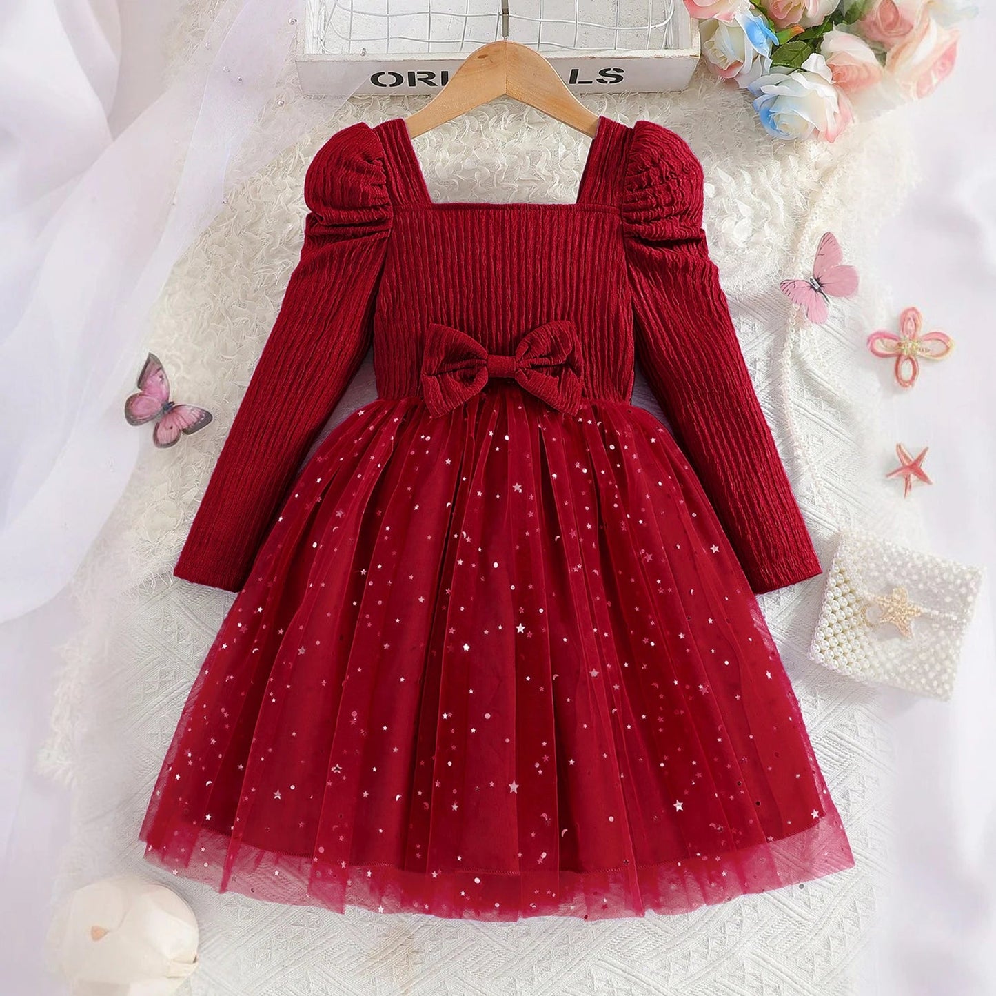 Little Girls Party Dress Autumn Winter Clothes 3 - 8 Years Children Christmas New Year Princess Dress Red Sequins Stars Mesh Dress - PratSN