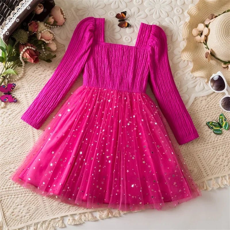 Little Girls Party Dress Autumn Winter Clothes 3-8 Years Christmas New Year  Princess Dress Red Sequins Stars Mesh Dress