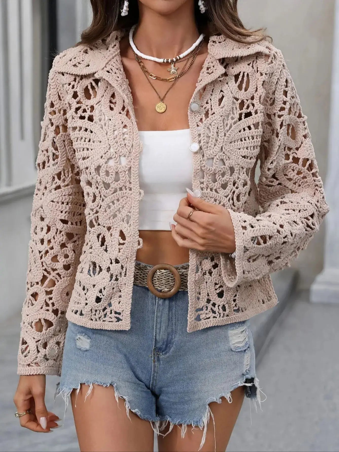 Long Sleeve Crochet Knitted Cardigan Open Front Knitwear for Women Comfortable Breathable Casual Style - PratSN
