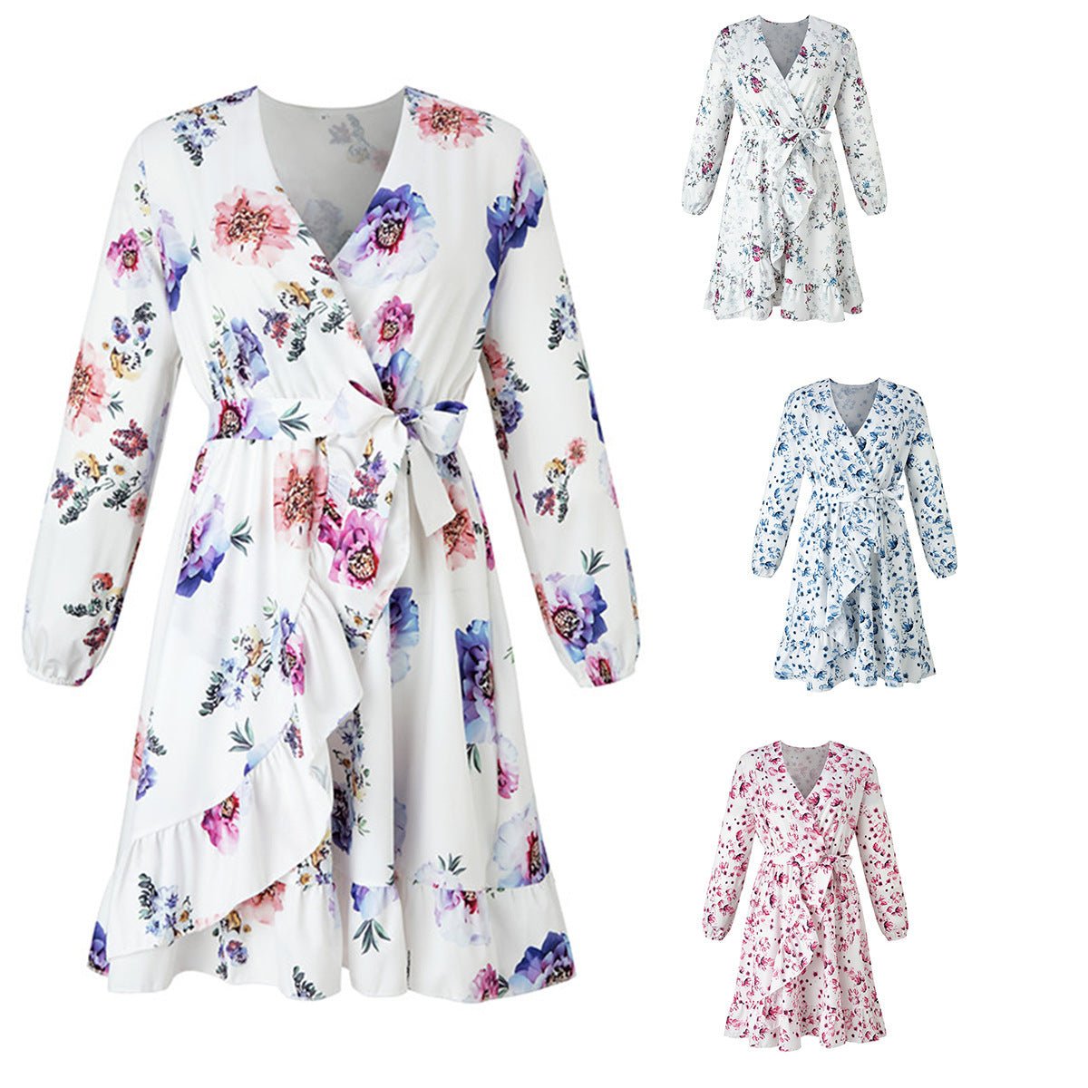 Long - sleeve Irregular Ruffle Print Dress - PratSN