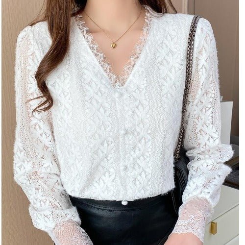 Long Sleeved Lace Top V Neck Lantern Sleeve Stitching Lace Shirt - PratSN