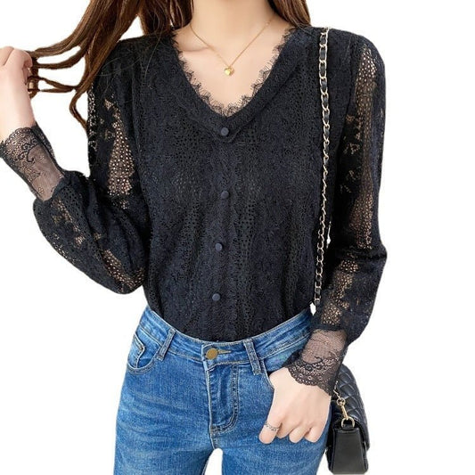 Long Sleeved Lace Top V Neck Lantern Sleeve Stitching Lace Shirt - PratSN
