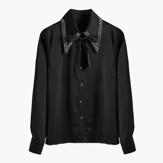 Long - Sleeved Solid Color Shirt With Neckline Tie - PratSN