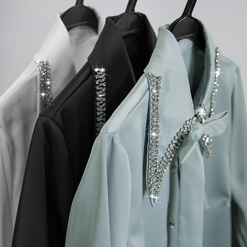 Long - Sleeved Solid Color Shirt With Neckline Tie - PratSN