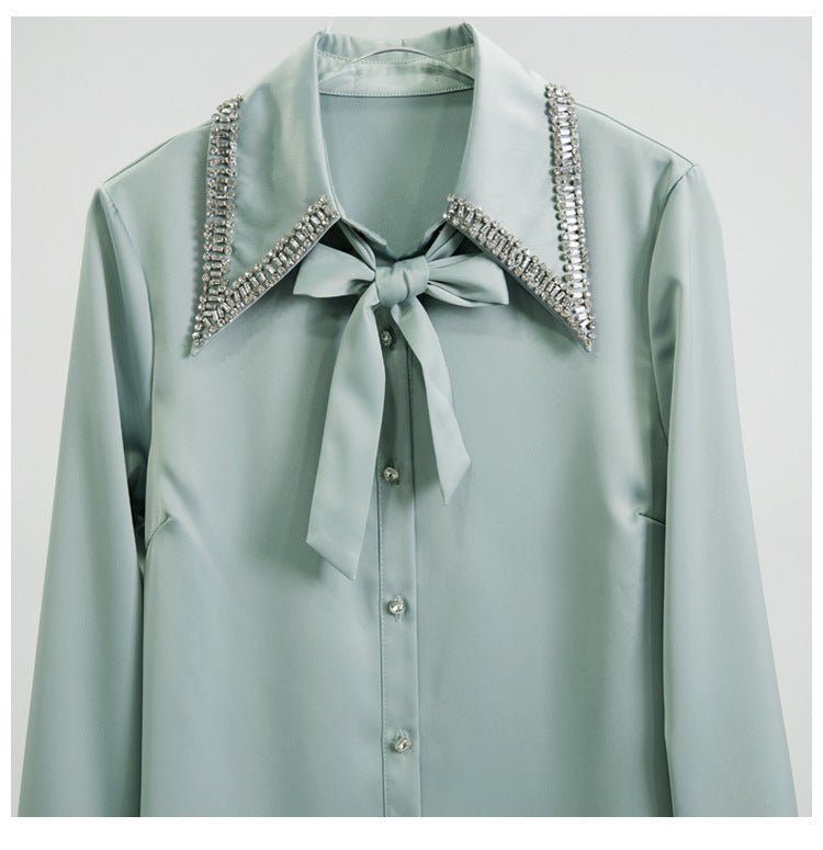 Long - Sleeved Solid Color Shirt With Neckline Tie - PratSN
