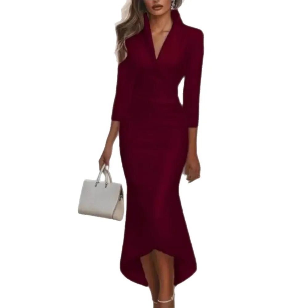 Long - sleeved V - neck Satin Dress For Women Autumn - PratSN
