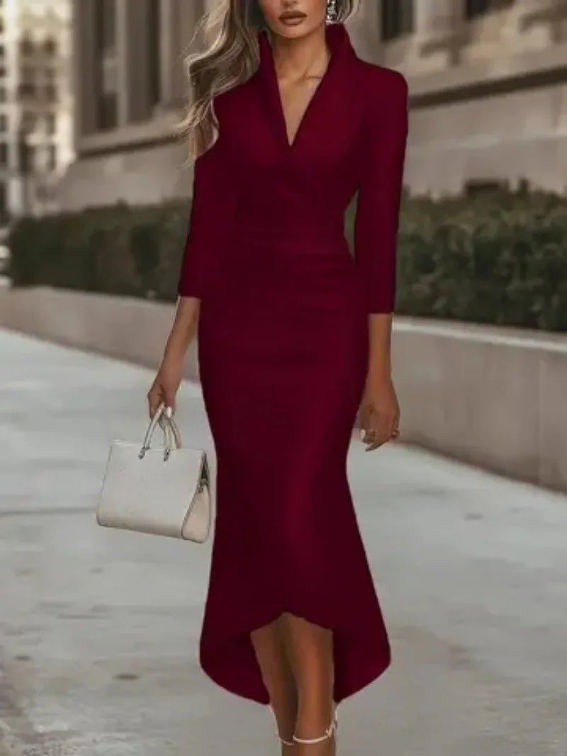Long - sleeved V - neck Satin Dress For Women Autumn - PratSN