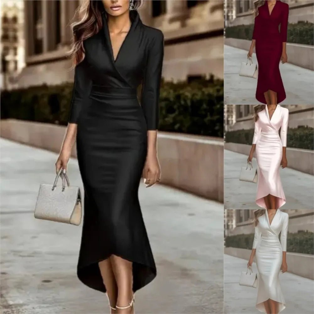 Long - sleeved V - neck Satin Dress For Women Autumn - PratSN