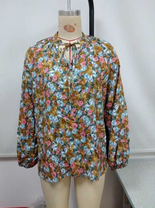 Loose Casual Long - sleeved V - neck Printed Shirt - PratSN