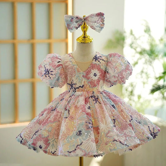 Luxury Birthday Party Dress for Girls with Bow Pink Embroidered Short Evening Gowns Kids Pageant Formal Occasion Dresses Wedding - PratSN