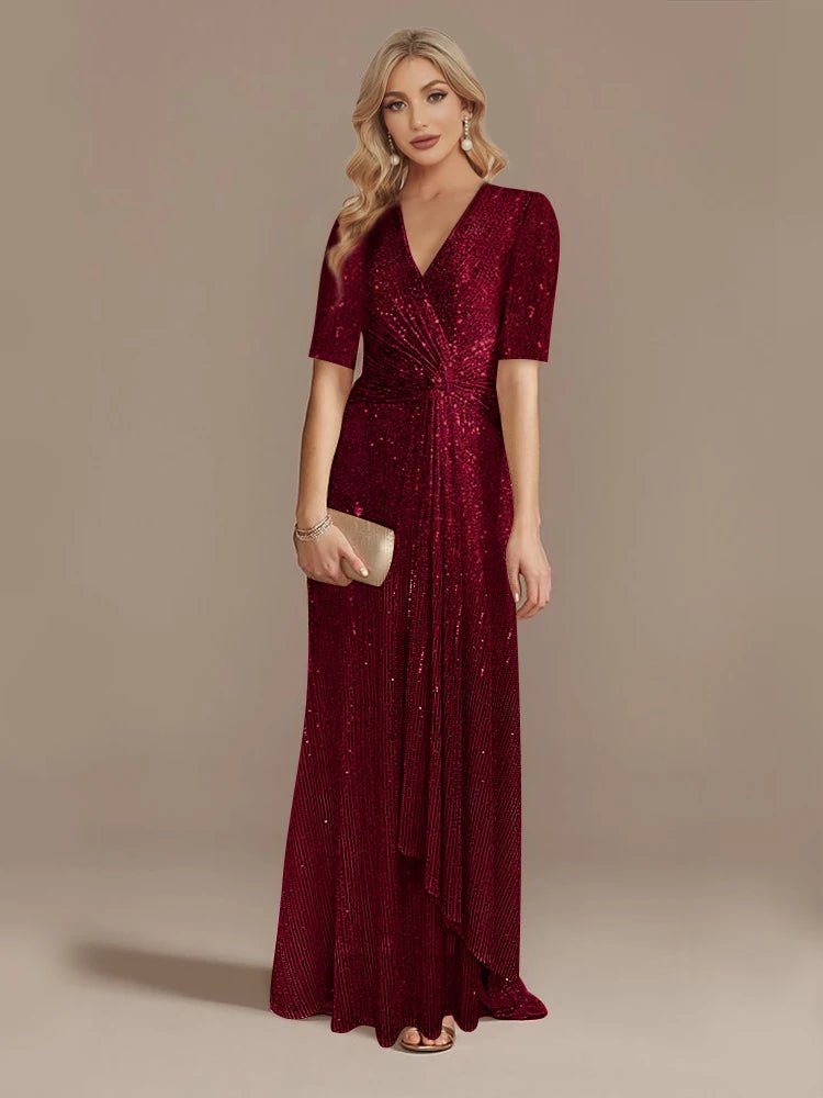 Luxury Floor Length V - Neck Evening Dress 2025 Women Elegant Party Maxi Dress Sequin Short Sleeves Prom Cocktail Gowns - PratSN
