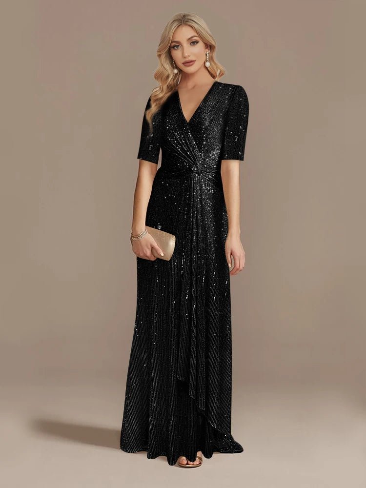 Luxury Floor Length V - Neck Evening Dress 2025 Women Elegant Party Maxi Dress Sequin Short Sleeves Prom Cocktail Gowns - PratSN