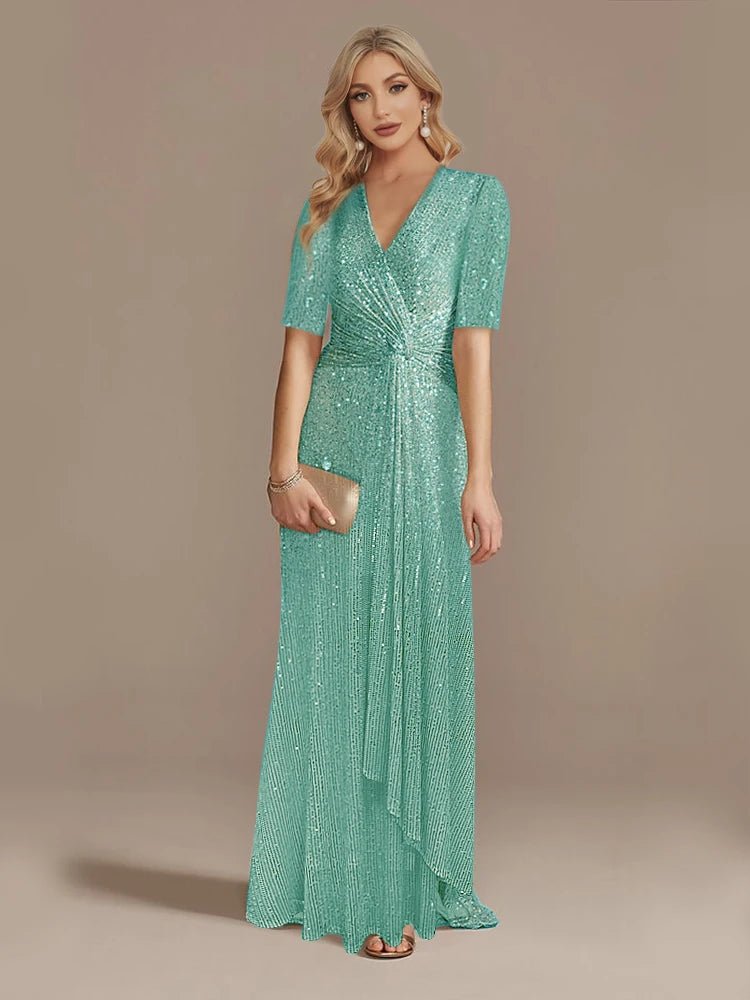 Luxury Floor Length V - Neck Evening Dress 2025 Women Elegant Party Maxi Dress Sequin Short Sleeves Prom Cocktail Gowns - PratSN