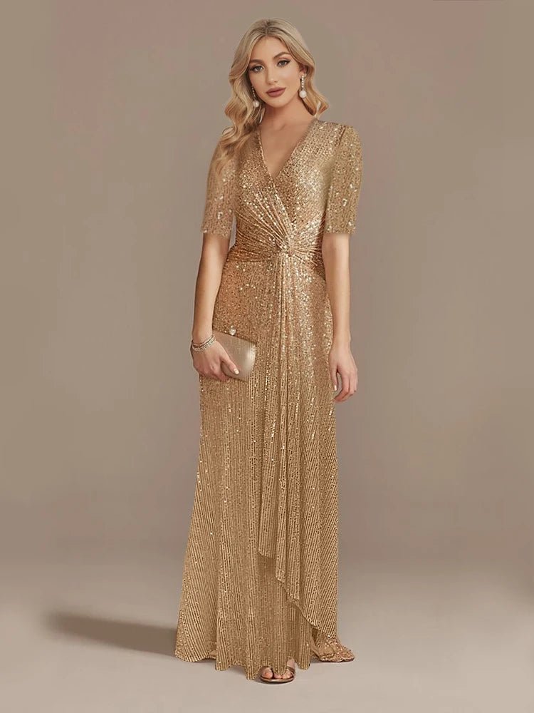 Luxury Floor Length V - Neck Evening Dress 2025 Women Elegant Party Maxi Dress Sequin Short Sleeves Prom Cocktail Gowns - PratSN