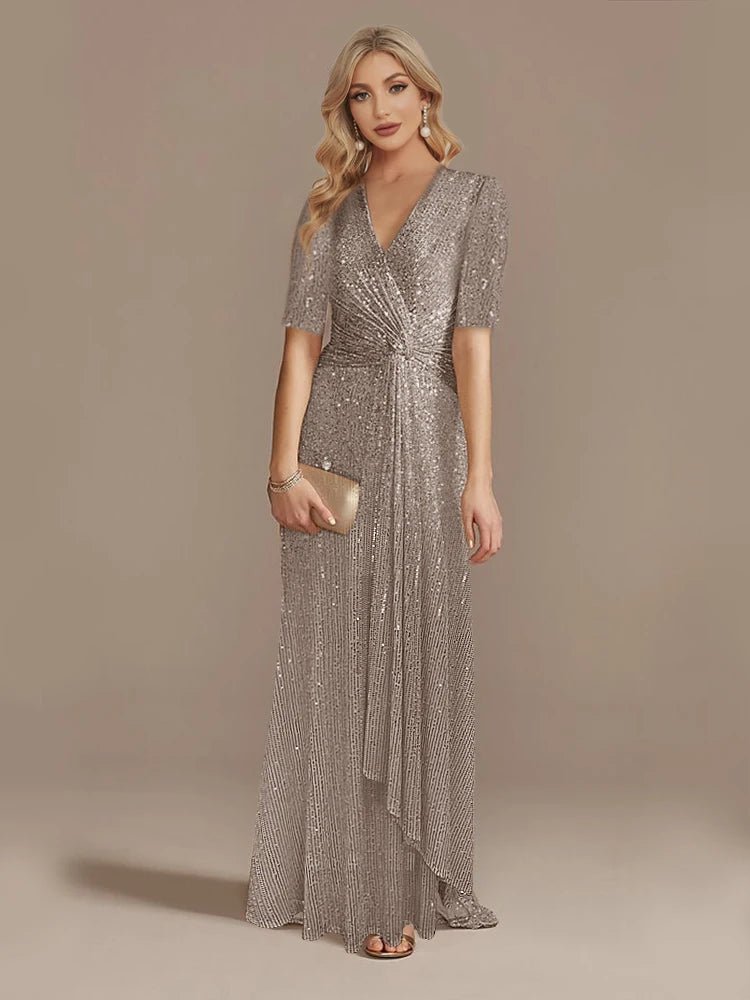 Luxury Floor Length V - Neck Evening Dress 2025 Women Elegant Party Maxi Dress Sequin Short Sleeves Prom Cocktail Gowns - PratSN