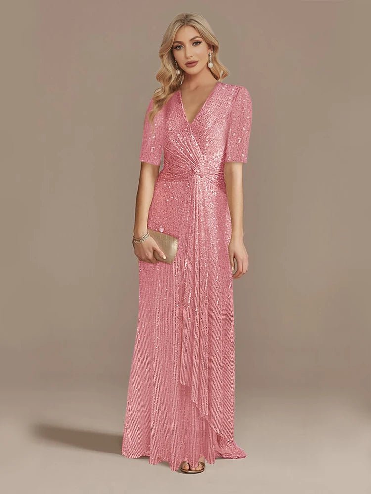 Luxury Floor Length V - Neck Evening Dress 2025 Women Elegant Party Maxi Dress Sequin Short Sleeves Prom Cocktail Gowns - PratSN