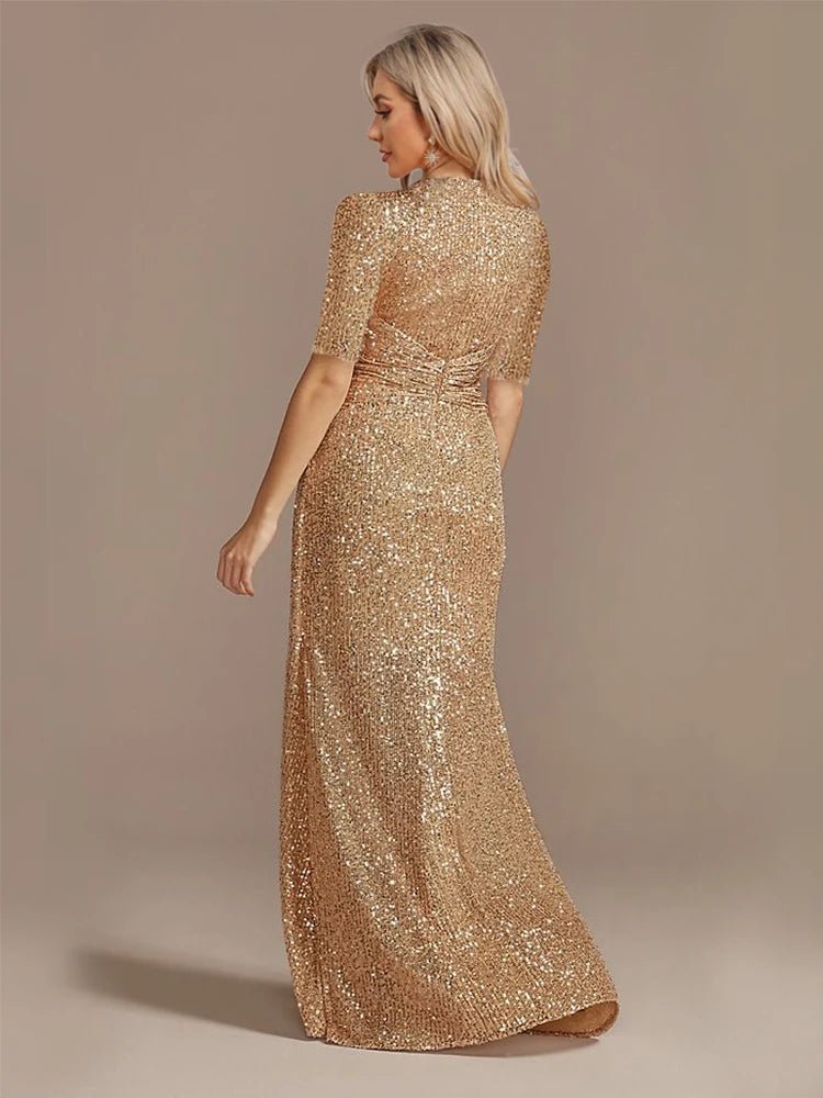 Luxury Floor Length V - Neck Evening Dress 2025 Women Elegant Party Maxi Dress Sequin Short Sleeves Prom Cocktail Gowns - PratSN