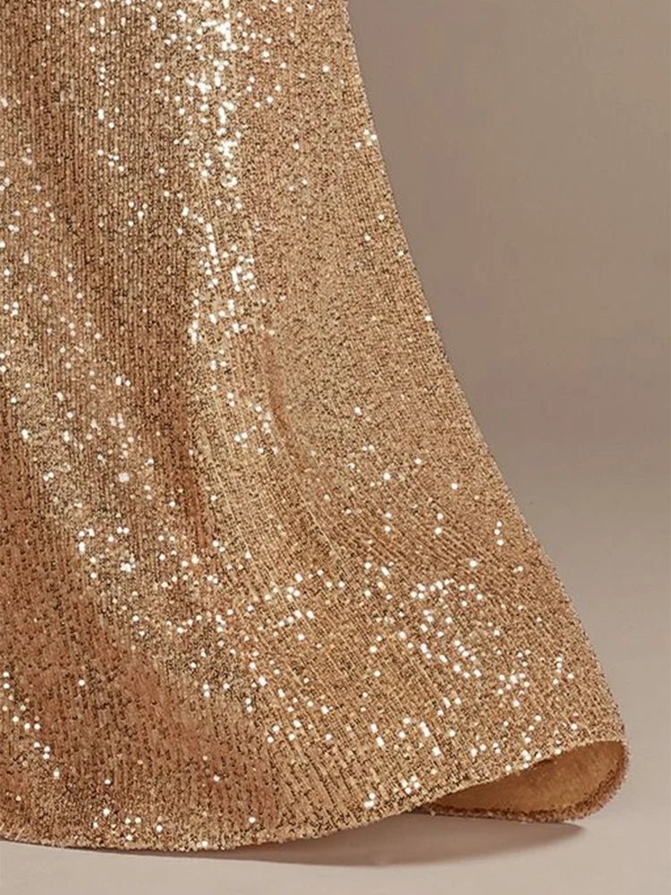 Luxury Floor Length V - Neck Evening Dress 2025 Women Elegant Party Maxi Dress Sequin Short Sleeves Prom Cocktail Gowns - PratSN
