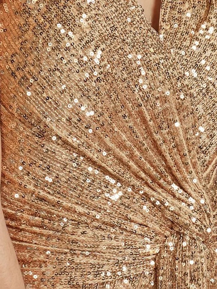 Luxury Floor Length V - Neck Evening Dress 2025 Women Elegant Party Maxi Dress Sequin Short Sleeves Prom Cocktail Gowns - PratSN