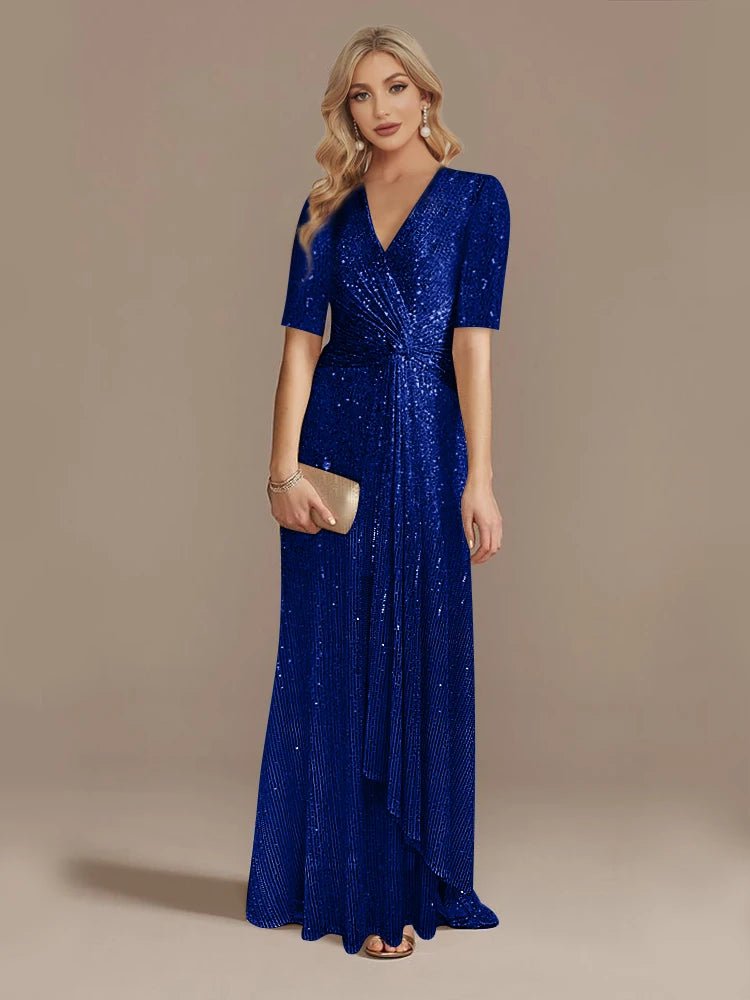 Luxury Floor Length V - Neck Evening Dress 2025 Women Elegant Party Maxi Dress Sequin Short Sleeves Prom Cocktail Gowns - PratSN