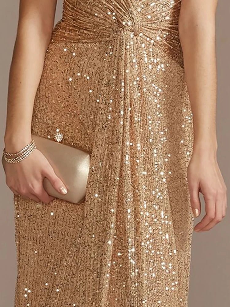 Luxury Floor Length V - Neck Evening Dress 2025 Women Elegant Party Maxi Dress Sequin Short Sleeves Prom Cocktail Gowns - PratSN